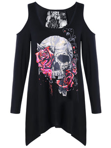 Langstar Scoop Neck Rose Skull Print Lace Shirt
