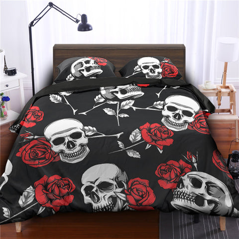 3D Print Rose Flower Skull 3pc Bedding Set
