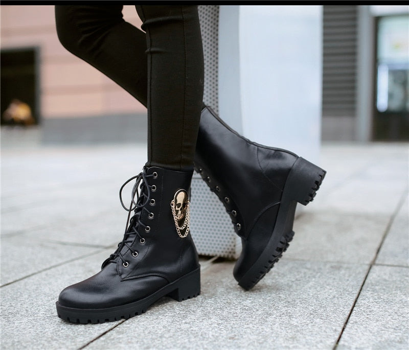 Skull Lace Up Ankle Women Gothic Boots
