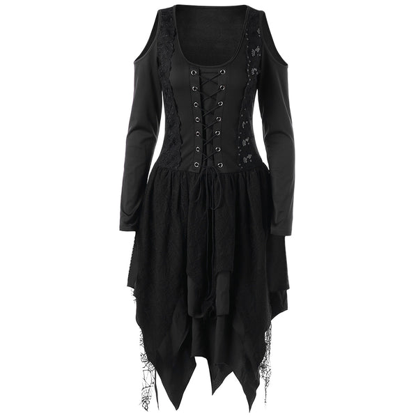 Gothic Cold Shoulder Long Sleeve Lace Up Layered Gamiss Handkerchief Dress