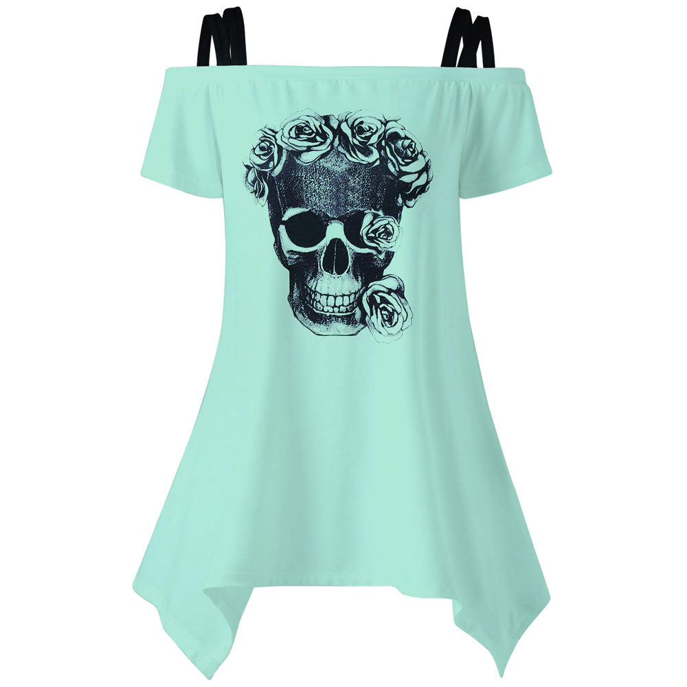 VestLinda Asymmetric Off Shoulder Skull Blouse