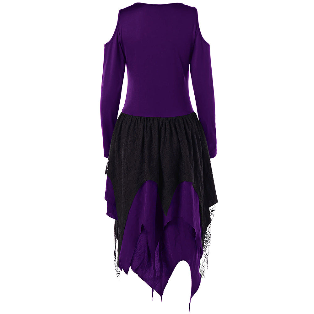 Gothic Cold Shoulder Long Sleeve Lace Up Layered Gamiss Handkerchief Dress