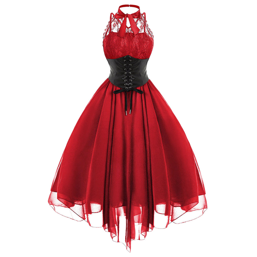 Gothic Cross Back Lace Panel Corset Dress