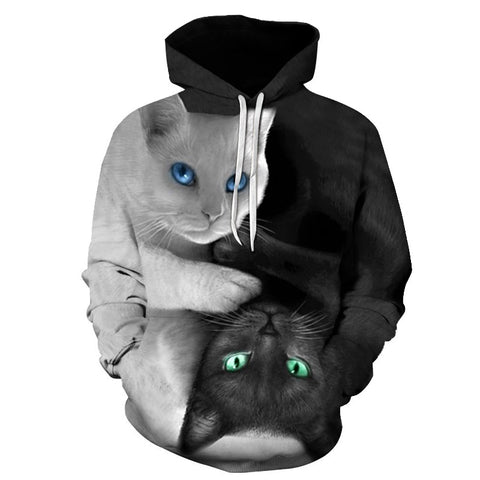 3D Black And White Pull Over Cat Hoodie