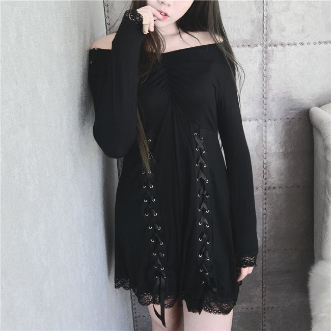 Black Gothic Lolita Punk Women Girls Dark Theme Dress
