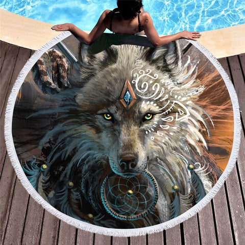 Wolf Warrior By Sunima Art  Round Beach Towel