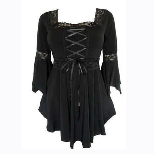 Plus Size Gothic Lace Up Bell Sleeve Shirt