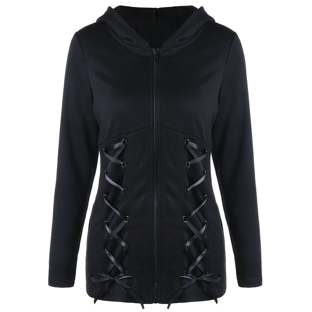 VESTLINDA Lace-up Wings Print Zip Up Hooded Sweatshirt