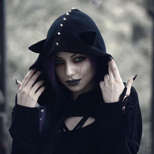 Gothic Steampunk Cat Ears Rivet Hooded Dress