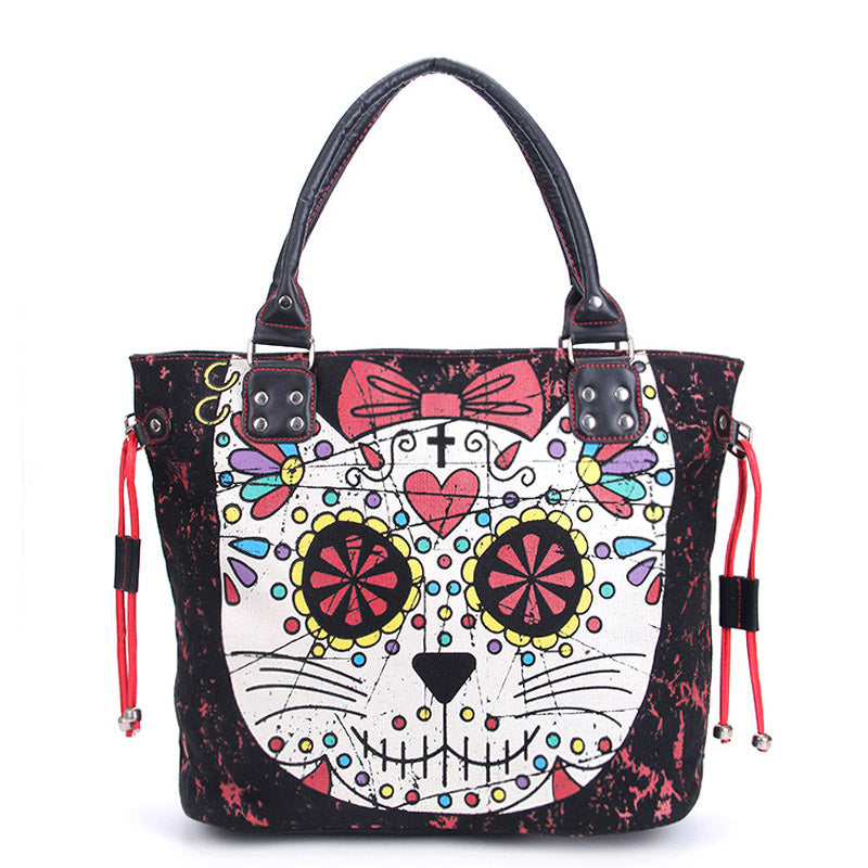 Sugar Skull Kitty Cat Candy Rockabilly Gothic Punk Shoulder Bag