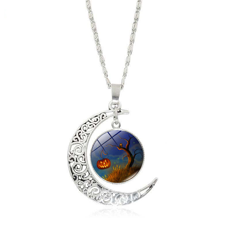 Crescent Moon Glass Cabochon Halloween Pendant Necklaces