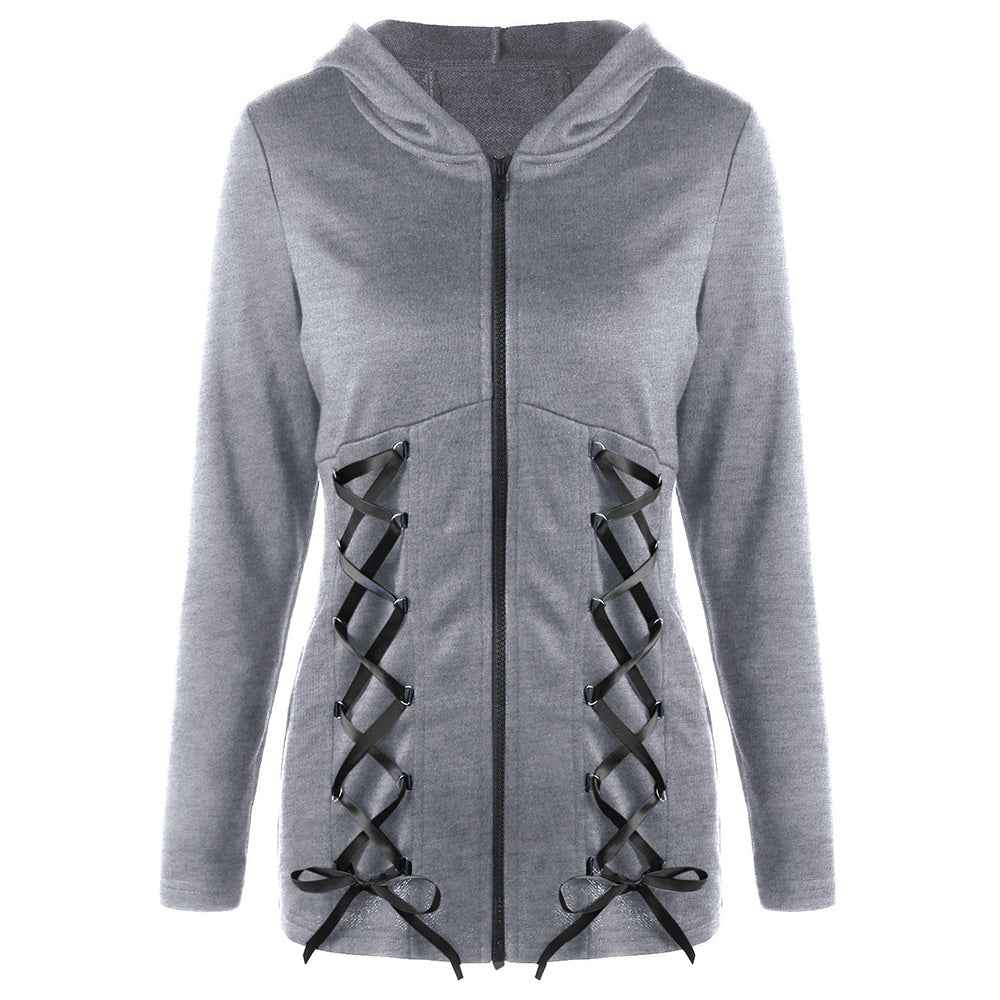 VESTLINDA Lace-up Wings Print Zip Up Hooded Sweatshirt