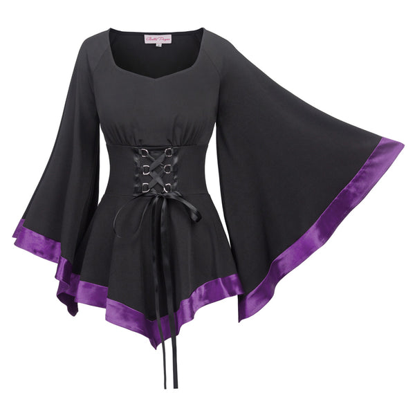 Flared Sleeves Loose Lace Up Gothic Top