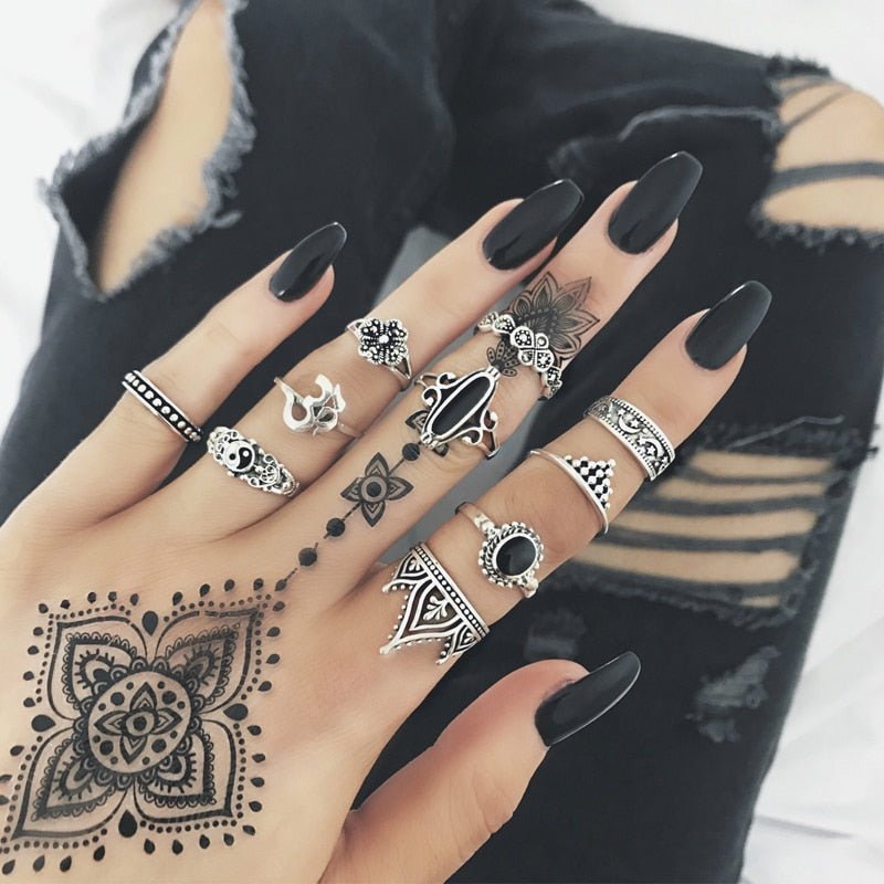 10pcs/Set Bohemia Silver & Black Rings - The Official Strange & Creepy Store!