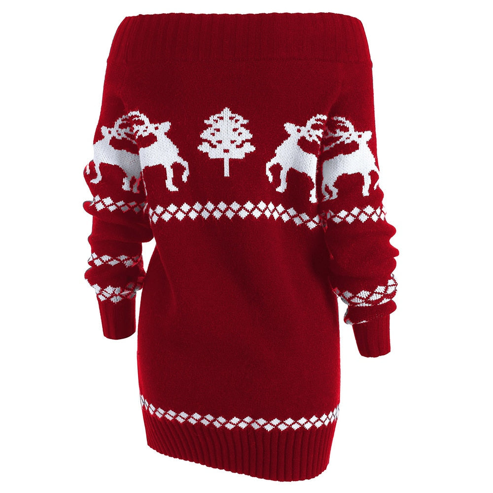Off The Shoulder Elk Print Christmas Sweater