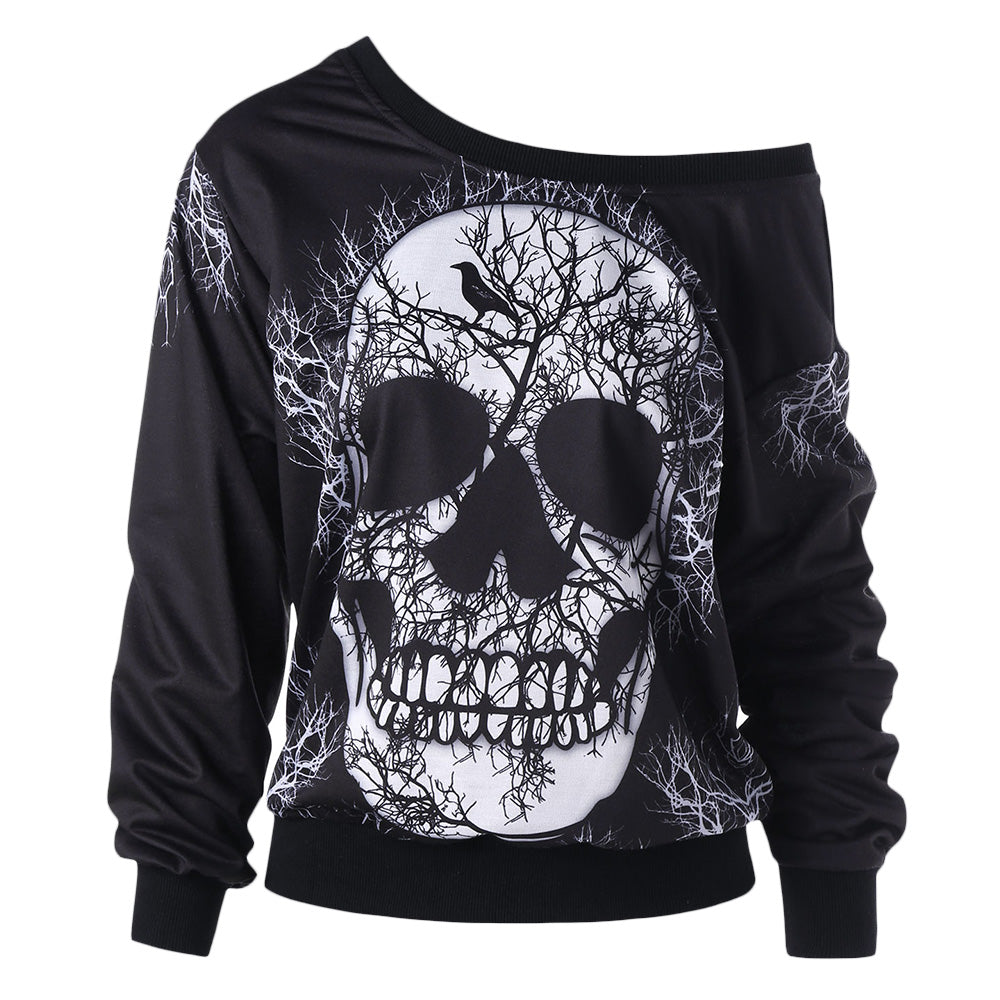 Skew Neck Skull 3D Print Womens Sweatshirt  Pullover Top