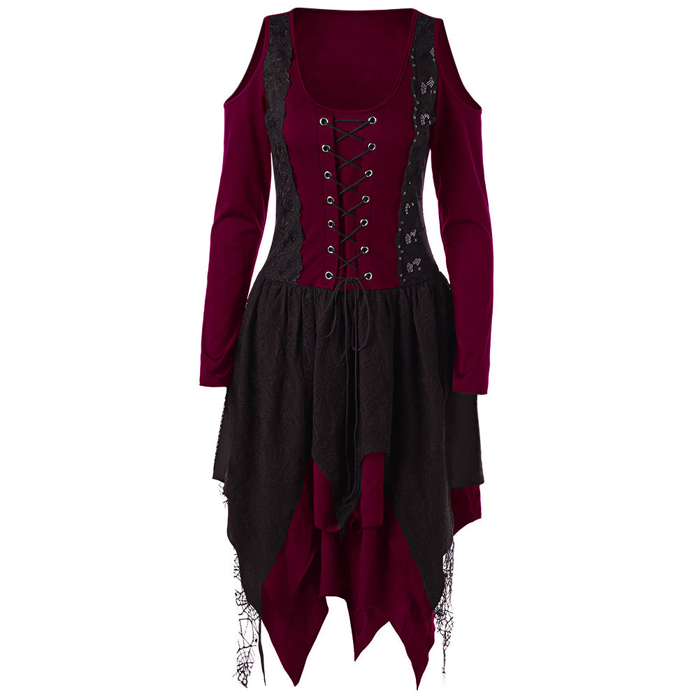 Gothic Cold Shoulder Long Sleeve Lace Up Layered Gamiss Handkerchief Dress