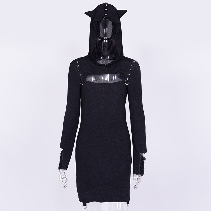 Gothic Steampunk Cat Ears Rivet Hooded Dress