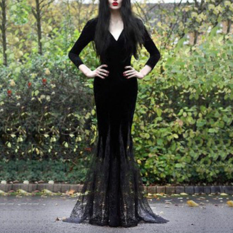 Long Lace Mermaid Halloween Slim Gothic Black Dress Costume