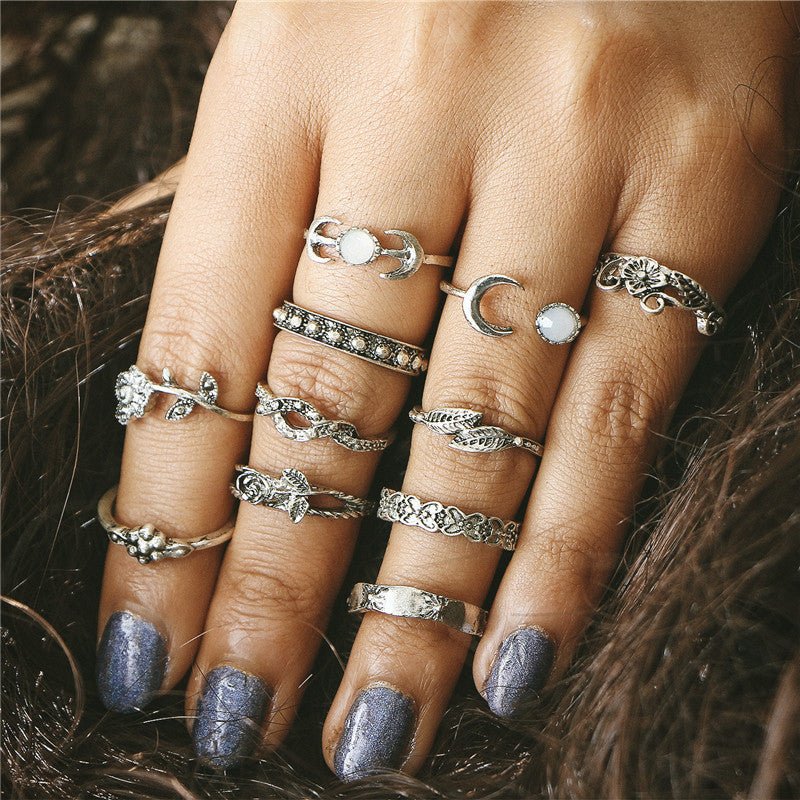 11pcs/Set Vintage Punk Antique Moon Leaf Flower Rings - The Official Strange & Creepy Store!