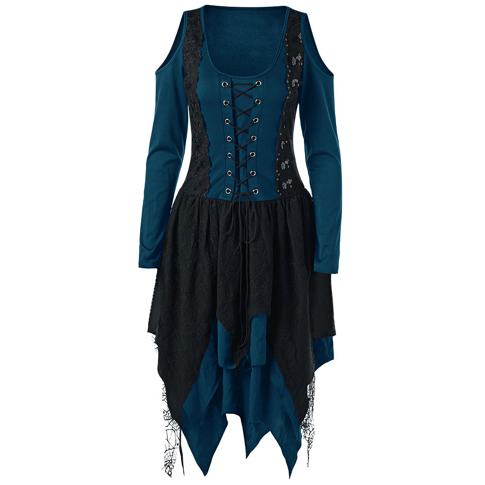 Gothic Cold Shoulder Long Sleeve Lace Up Layered Gamiss Handkerchief Dress