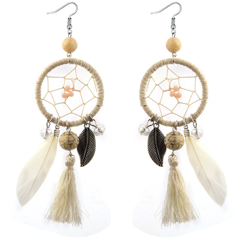 Bohemia Leaf Feather Dreamcatcher Earrings