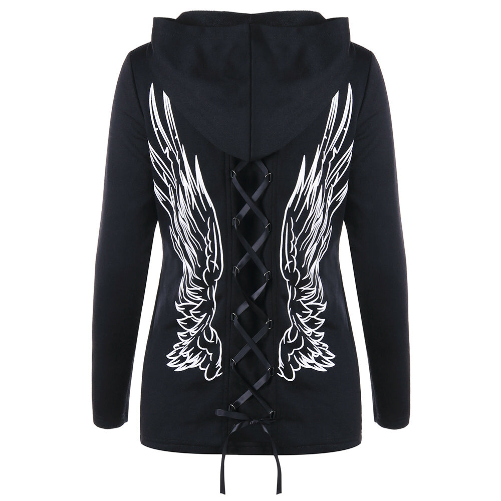 VESTLINDA Lace-up Wings Print Zip Up Hooded Sweatshirt