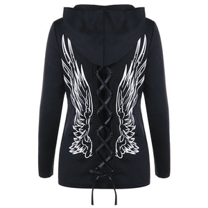 VESTLINDA Lace-up Wings Print Zip Up Hooded Sweatshirt