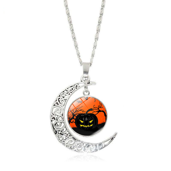 Crescent Moon Glass Cabochon Halloween Pendant Necklaces