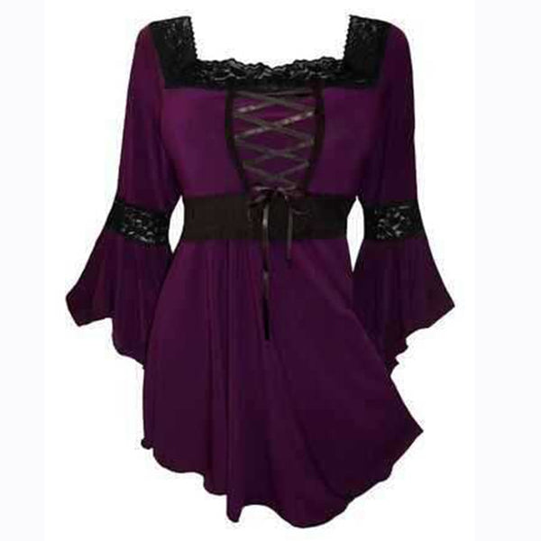 Plus Size Gothic Lace Up Bell Sleeve Shirt