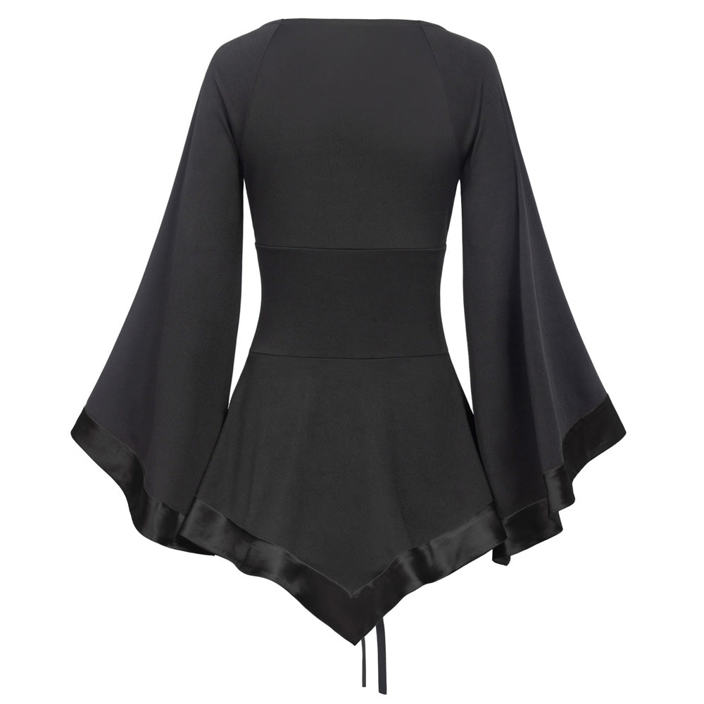 Flared Sleeves Loose Lace Up Gothic Top