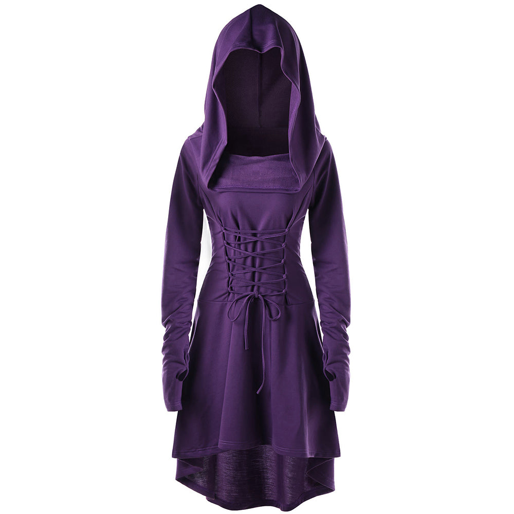 Gamiss Gothic Women Lace Up Hooded Dress