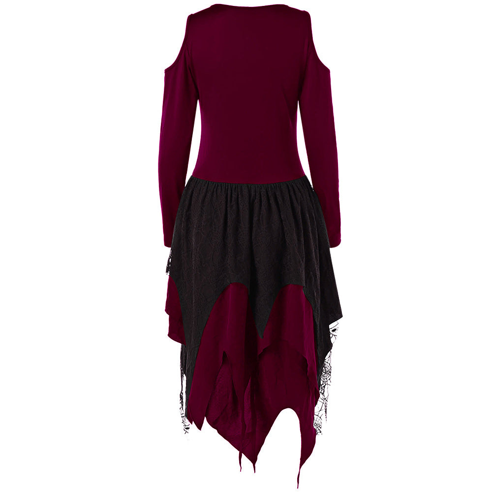 Gothic Cold Shoulder Long Sleeve Lace Up Layered Gamiss Handkerchief Dress