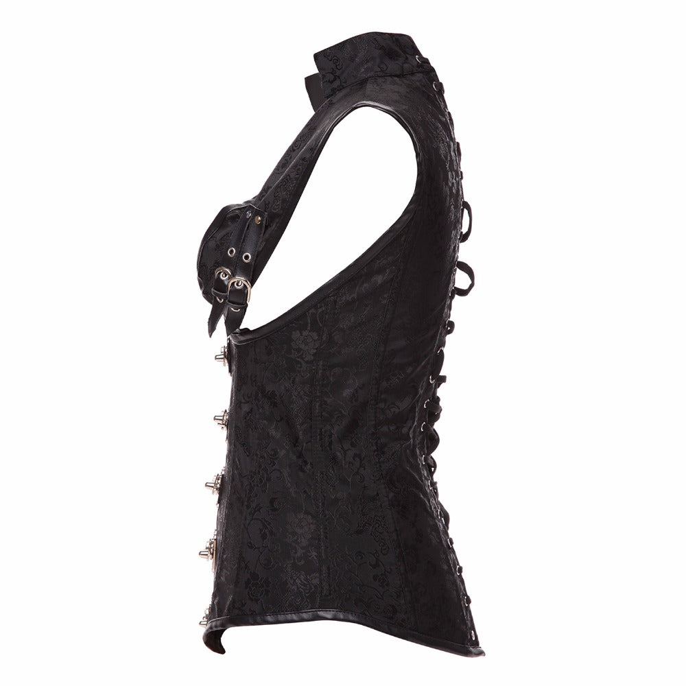 Black Brocade Collared Steampunk Corset Vest
