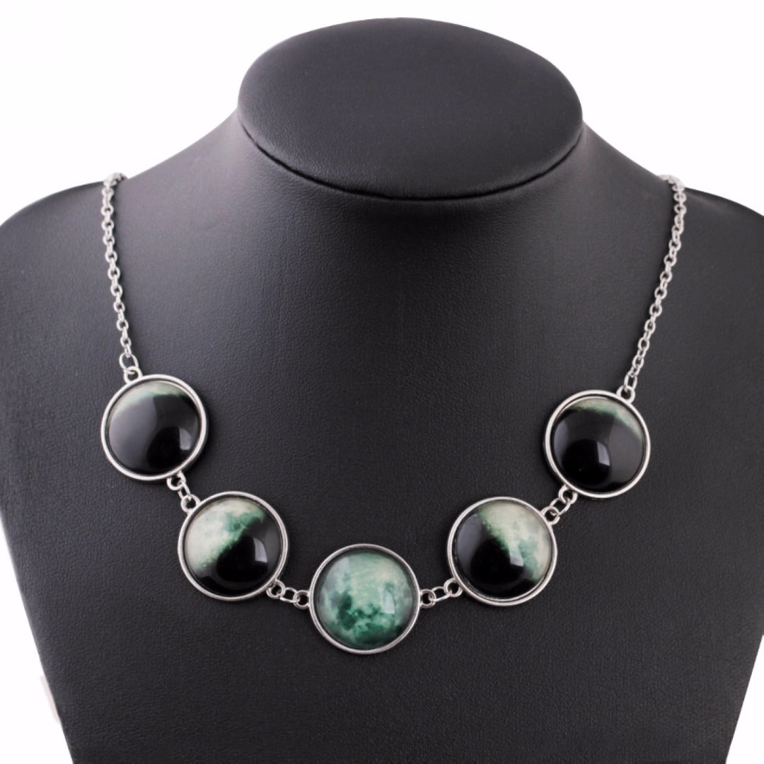 Luminous Dome Cabochon Glow In The  Dark Lunar Moon Phase Necklace