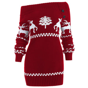Off The Shoulder Elk Print Christmas Sweater