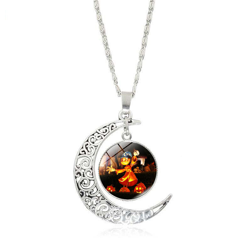 Crescent Moon Glass Cabochon Halloween Pendant Necklaces