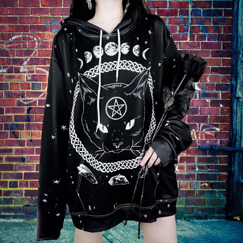Moon Phase Cat Black Hooded Sweatshirt