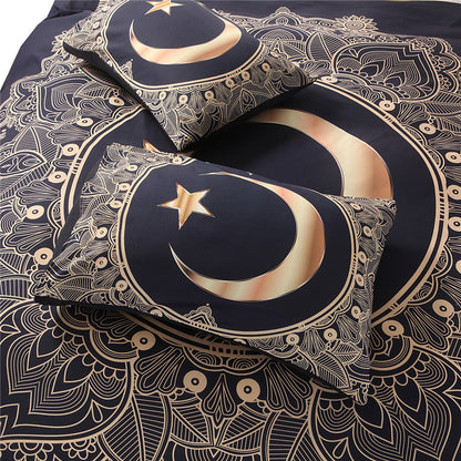 Gold and Black Mandala Crescent Moon Star 3 pc Duvet Cover Sheet Bedding Set