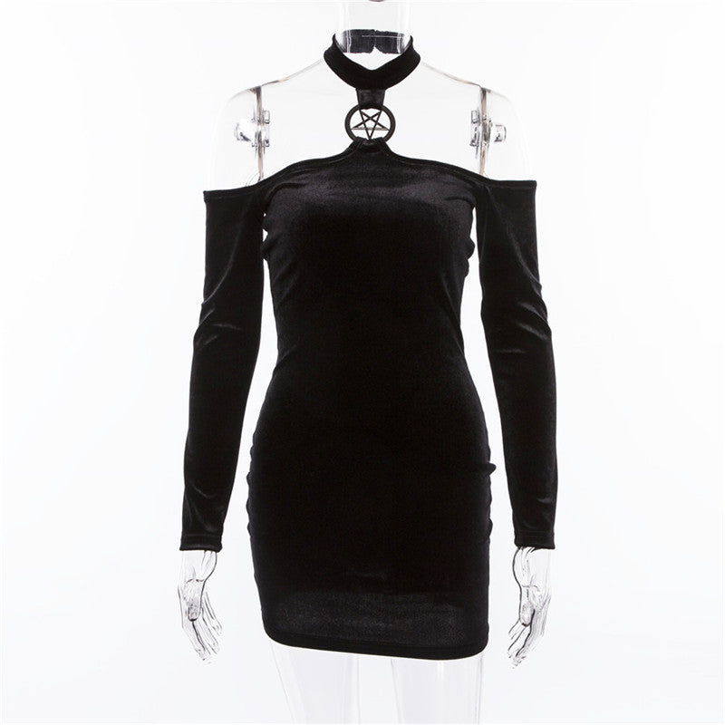 Gothic Long Sleeve Velvet Halter Black Dress