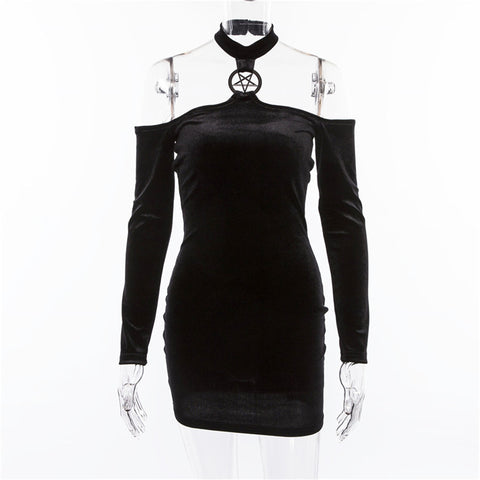 Gothic Long Sleeve Velvet Halter Black Dress