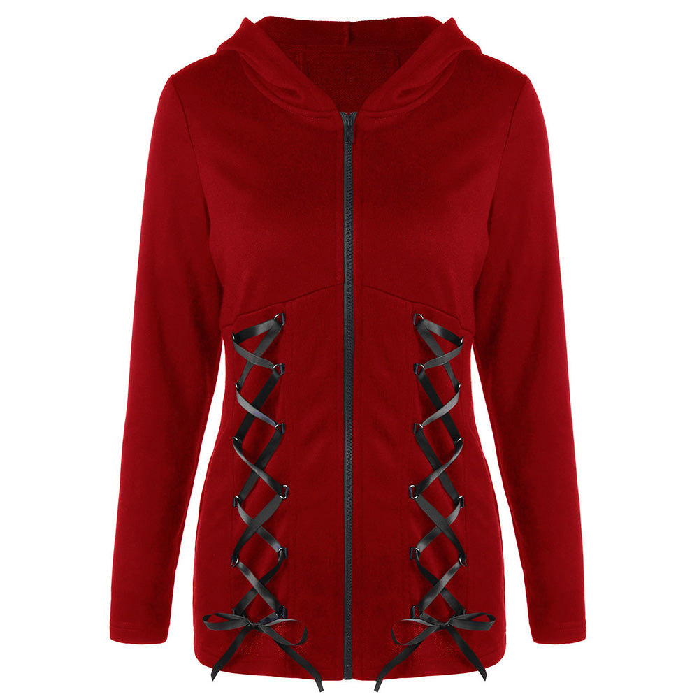 VESTLINDA Lace-up Wings Print Zip Up Hooded Sweatshirt
