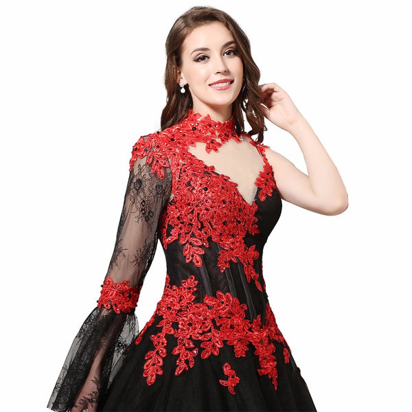 Black and Red Gothic Lace Wedding Dress
