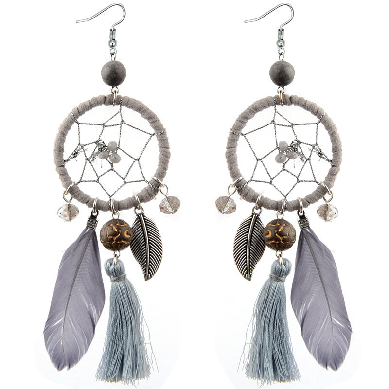 Bohemia Leaf Feather Dreamcatcher Earrings