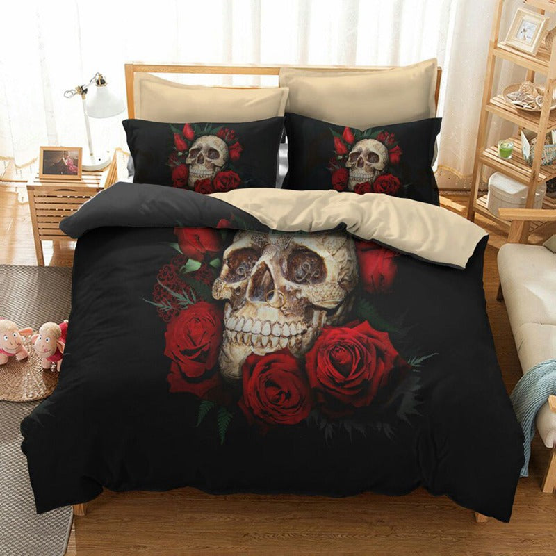 Rose Flower Skull Gothic Bedding Set