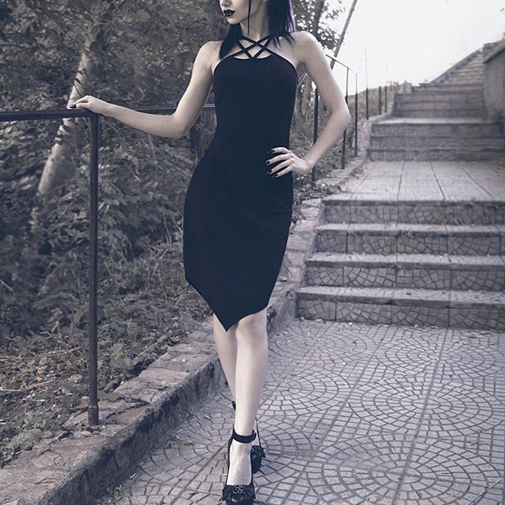 Gothic Black Slim Asymmetric Dress
