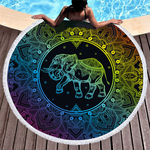Mandala Elephant 150cm Round Beach Towel