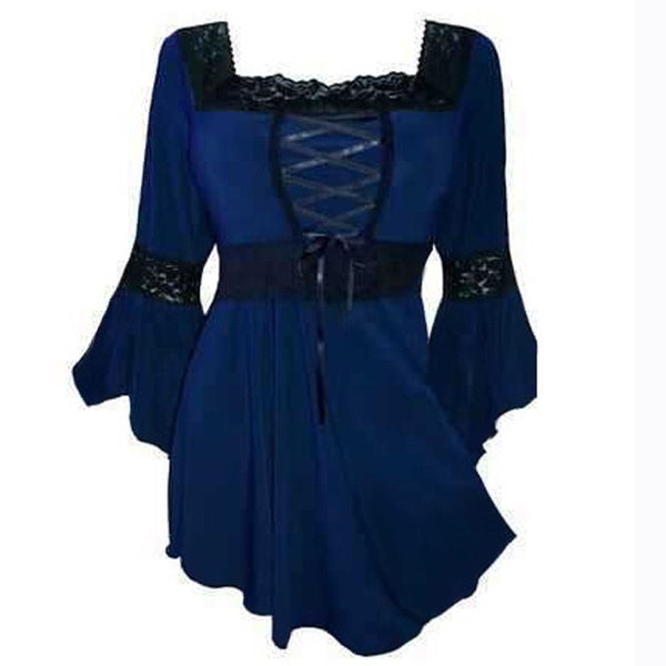 Plus Size Gothic Lace Up Bell Sleeve Shirt