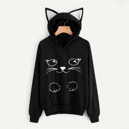 Dotfashion Cat Print Pull Over Hoodie