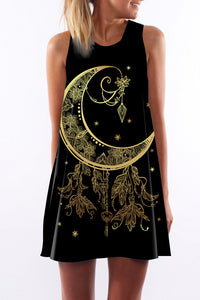 Gold Gothic Moon Print Sleeveless Tank Dress